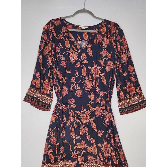 BeachLunchLounge Mini Dress Large‎ Blue Orange Floral Print Size Large Waist Tie - Picture 4 of 9